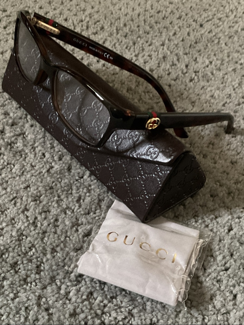 Gucci Brown Tortoiseshell Glasses with Gold GG Accent and Green-Red Stripe